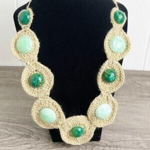 VINTAGE Green Crochet Woven Statement Necklace